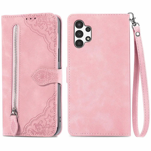 For Samsung Galaxy A13 4G Zipper Wallet Case with Strap Flower Imprint PU Leather Phone Cover - Pink - 1
