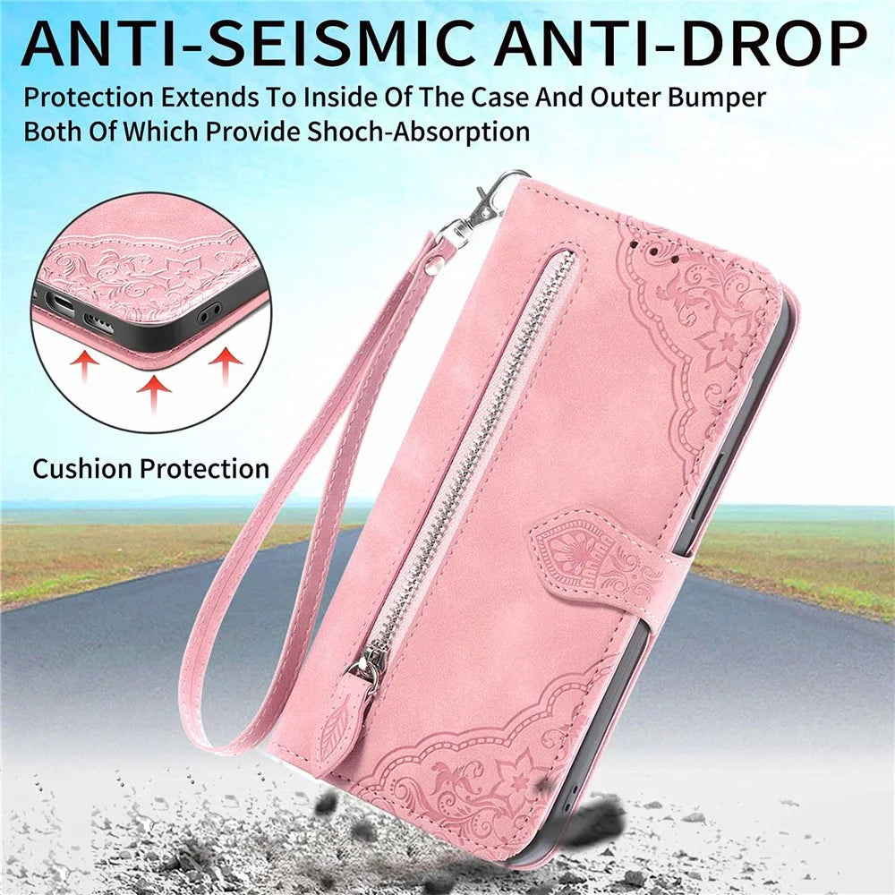 For Samsung Galaxy A13 4G Zipper Wallet Case with Strap Flower Imprint PU Leather Phone Cover - Pink - 5