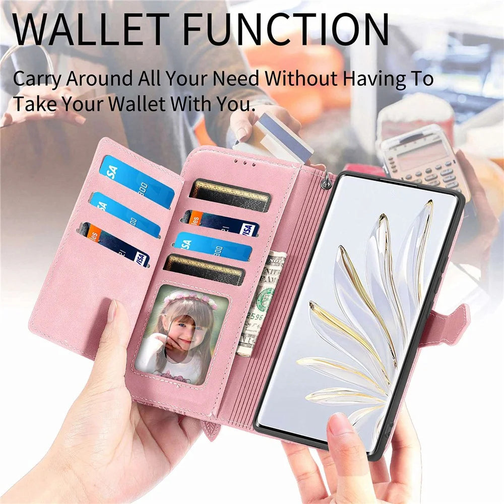 For Samsung Galaxy A13 4G Zipper Wallet Case with Strap Flower Imprint PU Leather Phone Cover - Pink - 6