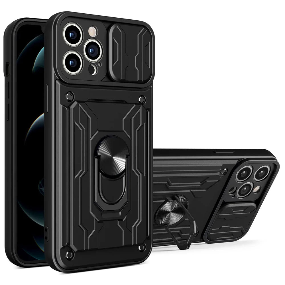 For iPhone 14 Pro 6.1 inch Slide Lens Cover Kickstand PC + TPU Shell Card Holder Shockproof Phone Case - Black - 1