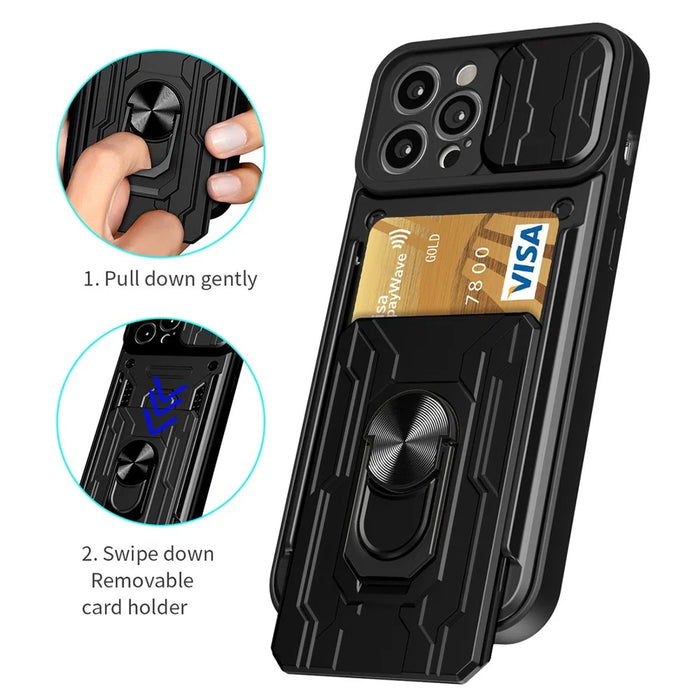 For iPhone 14 Pro 6.1 inch Slide Lens Cover Kickstand PC + TPU Shell Card Holder Shockproof Phone Case - Black - 2