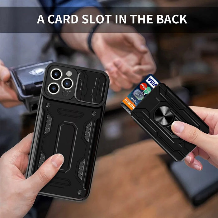For iPhone 14 Pro 6.1 inch Slide Lens Cover Kickstand PC + TPU Shell Card Holder Shockproof Phone Case - Black - 3