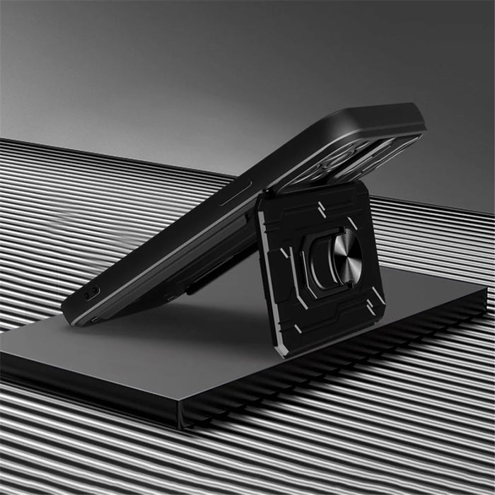 For iPhone 14 Pro 6.1 inch Slide Lens Cover Kickstand PC + TPU Shell Card Holder Shockproof Phone Case - Black - 4