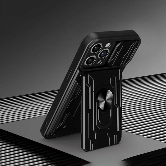 For iPhone 14 Pro 6.1 inch Slide Lens Cover Kickstand PC + TPU Shell Card Holder Shockproof Phone Case - Black - 5