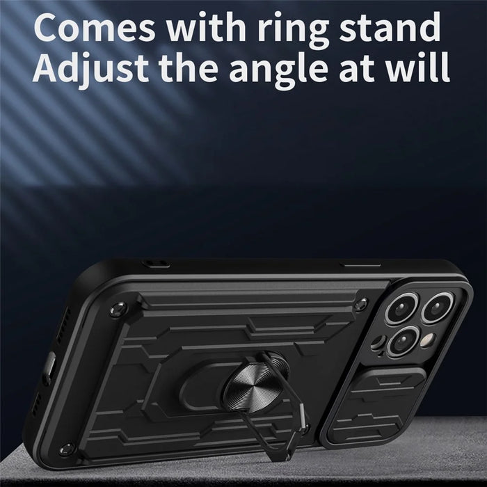 For iPhone 14 Pro 6.1 inch Slide Lens Cover Kickstand PC + TPU Shell Card Holder Shockproof Phone Case - Black - 6
