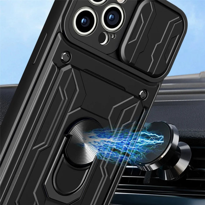 For iPhone 14 Pro 6.1 inch Slide Lens Cover Kickstand PC + TPU Shell Card Holder Shockproof Phone Case - Black - 7