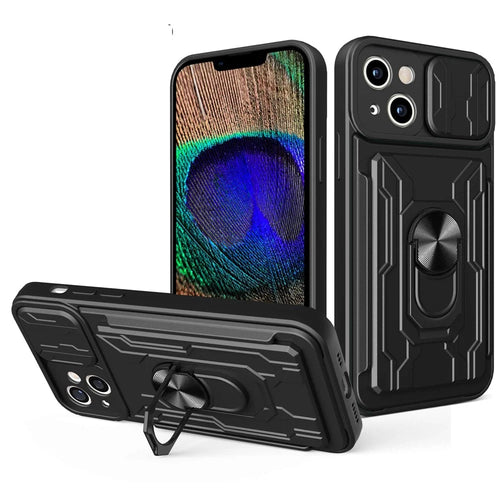 For iPhone 14 6.1 inch Slide Lens Protection Design Kickstand Case Hard PC  Soft TPU Impact-Resistant Cover with Card Holder - Black - 1