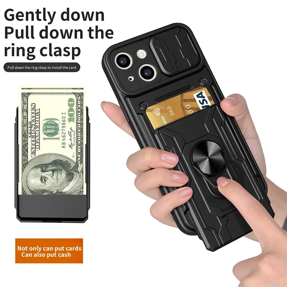For iPhone 14 6.1 inch Slide Lens Protection Design Kickstand Case Hard PC  Soft TPU Impact-Resistant Cover with Card Holder - Black - 2