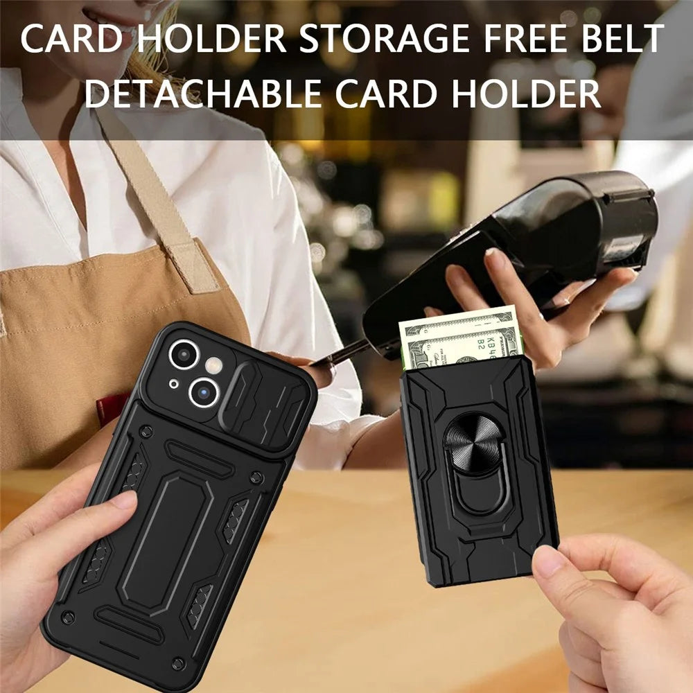For iPhone 14 6.1 inch Slide Lens Protection Design Kickstand Case Hard PC  Soft TPU Impact-Resistant Cover with Card Holder - Black - 3