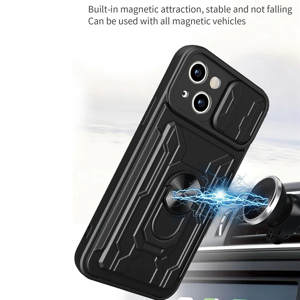 For iPhone 14 6.1 inch Slide Lens Protection Design Kickstand Case Hard PC  Soft TPU Impact-Resistant Cover with Card Holder - Black - 4
