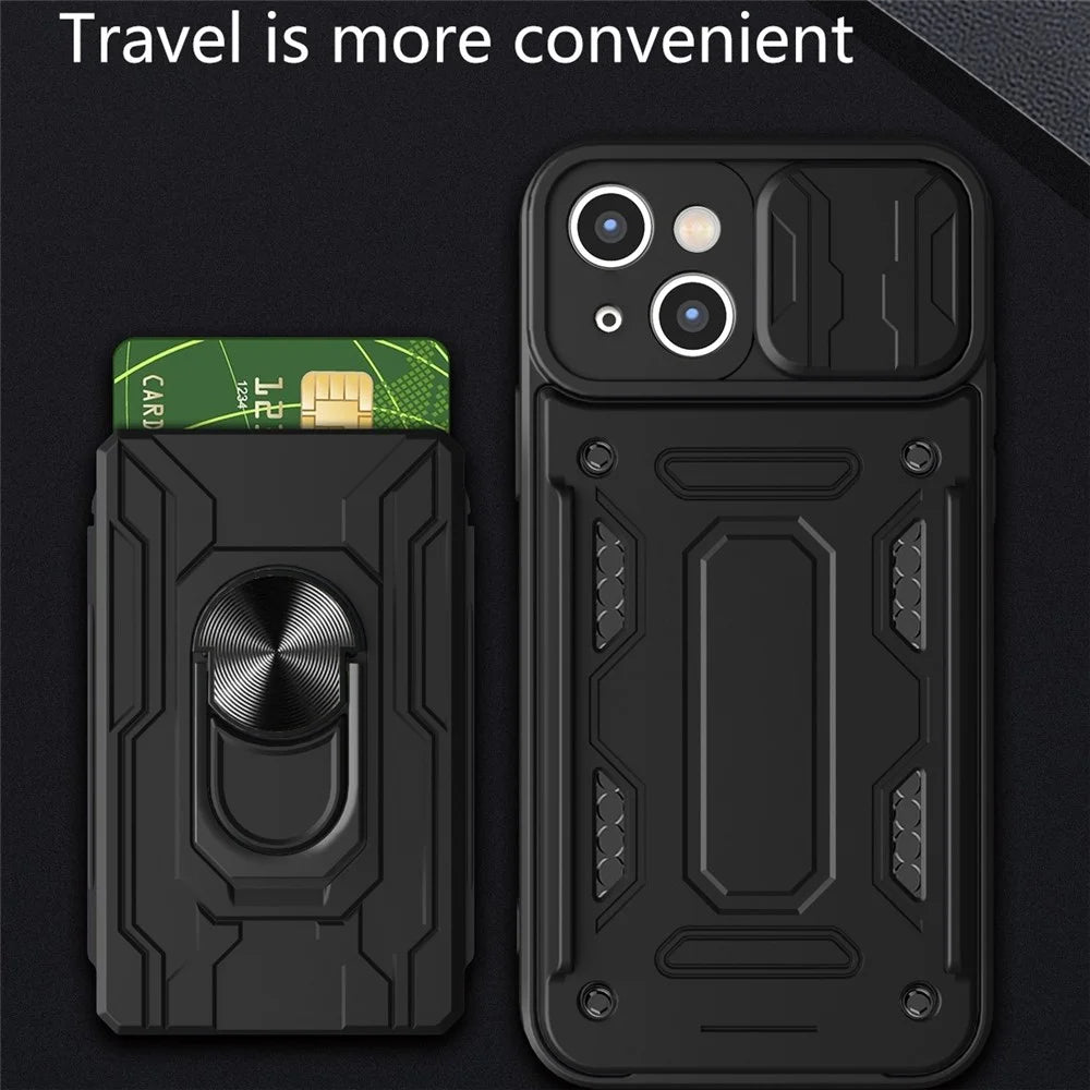 For iPhone 14 6.1 inch Slide Lens Protection Design Kickstand Case Hard PC  Soft TPU Impact-Resistant Cover with Card Holder - Black - 5