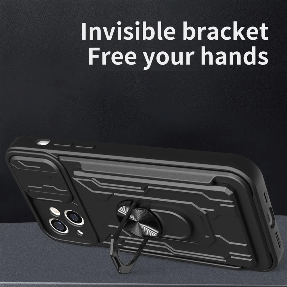 For iPhone 14 6.1 inch Slide Lens Protection Design Kickstand Case Hard PC  Soft TPU Impact-Resistant Cover with Card Holder - Black - 6