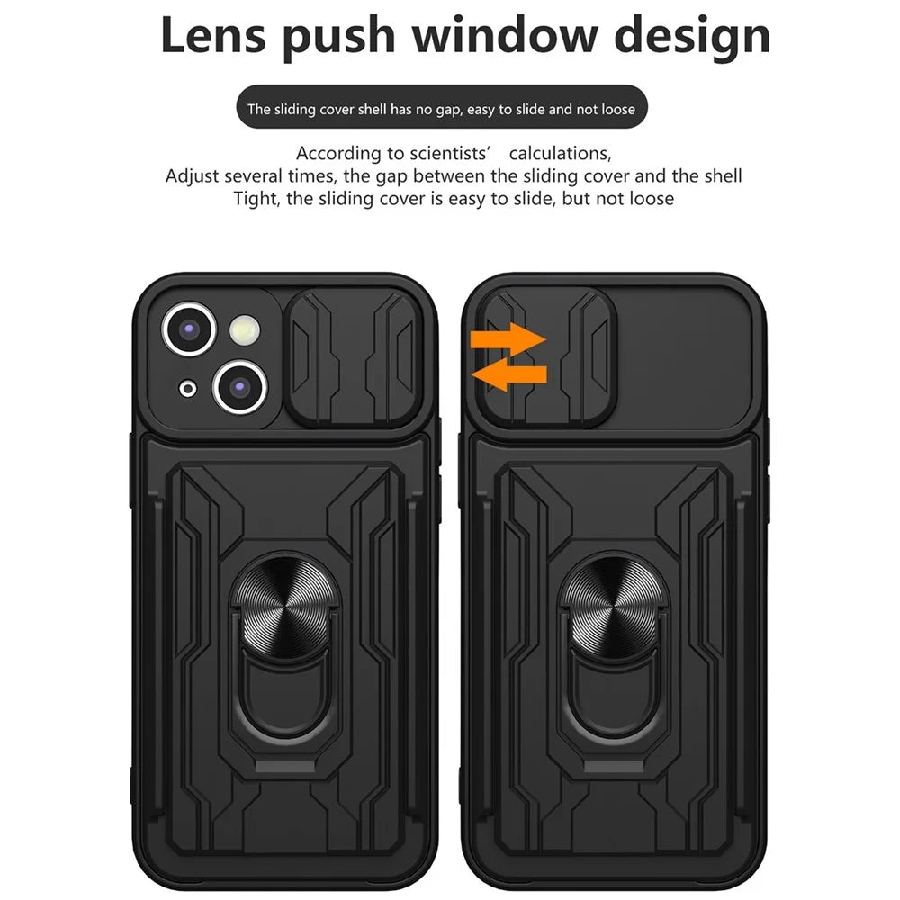 For iPhone 14 6.1 inch Slide Lens Protection Design Kickstand Case Hard PC  Soft TPU Impact-Resistant Cover with Card Holder - Black - 7