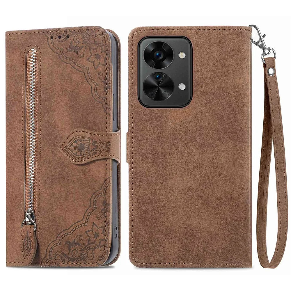For OnePlus Nord 2T 5G Zipper Wallet Case with Strap Flower Imprint PU Leather Phone Cover - Brown - 1