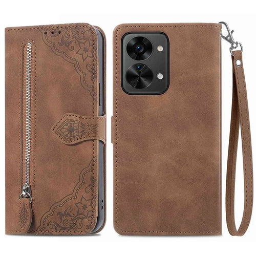 For OnePlus Nord 2T 5G Zipper Wallet Case with Strap Flower Imprint PU Leather Phone Cover - Brown - 1