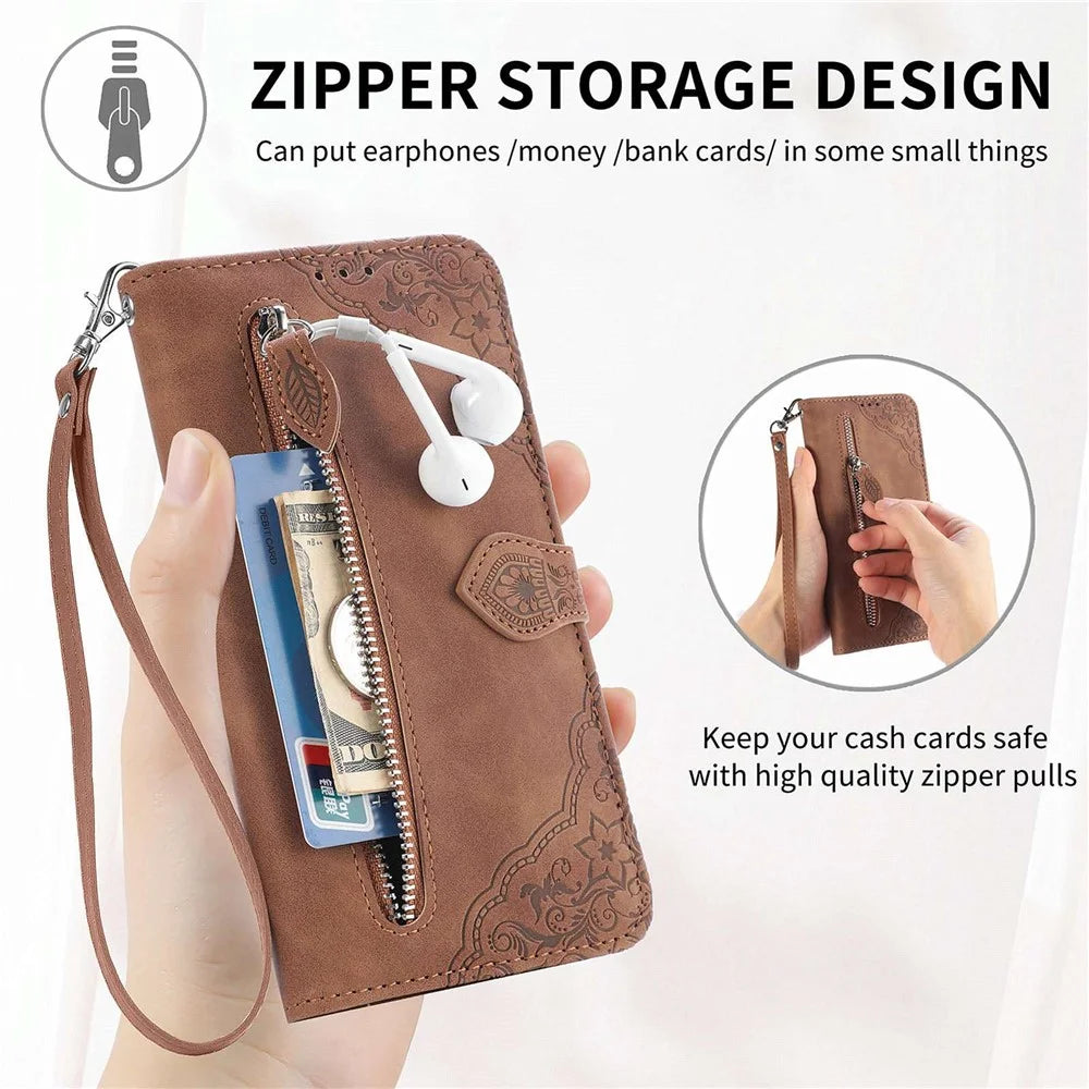 For OnePlus Nord 2T 5G Zipper Wallet Case with Strap Flower Imprint PU Leather Phone Cover - Brown - 5