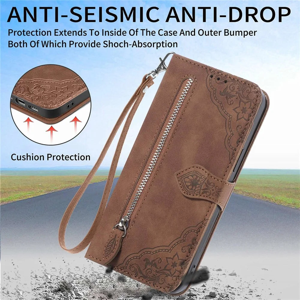 For OnePlus Nord 2T 5G Zipper Wallet Case with Strap Flower Imprint PU Leather Phone Cover - Brown - 6