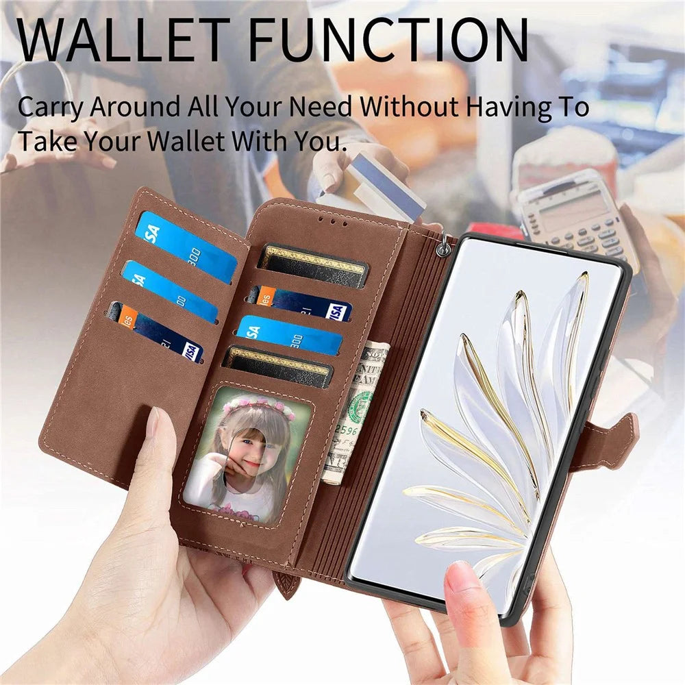 For OnePlus Nord 2T 5G Zipper Wallet Case with Strap Flower Imprint PU Leather Phone Cover - Brown - 7