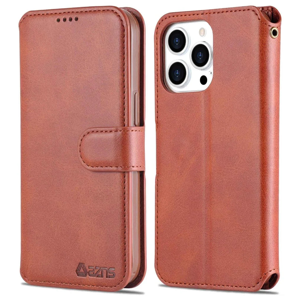 AZNS PU Leather Case for iPhone 14 Pro Max 6.7 inch, Shock Absorbing Stand Wallet Magnetic Flip Folio Phone Cover - Brown - 1