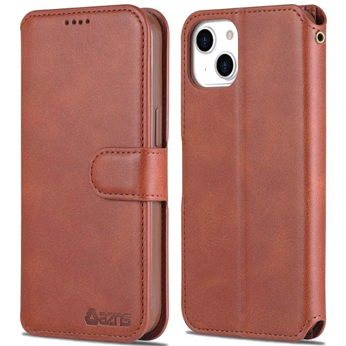 AZNS PU Leather Case for iPhone 14 Plus 6.7 inch, Stand Wallet Scratch Resistant Magnetic Flip Folio Phone Cover - Brown - 1