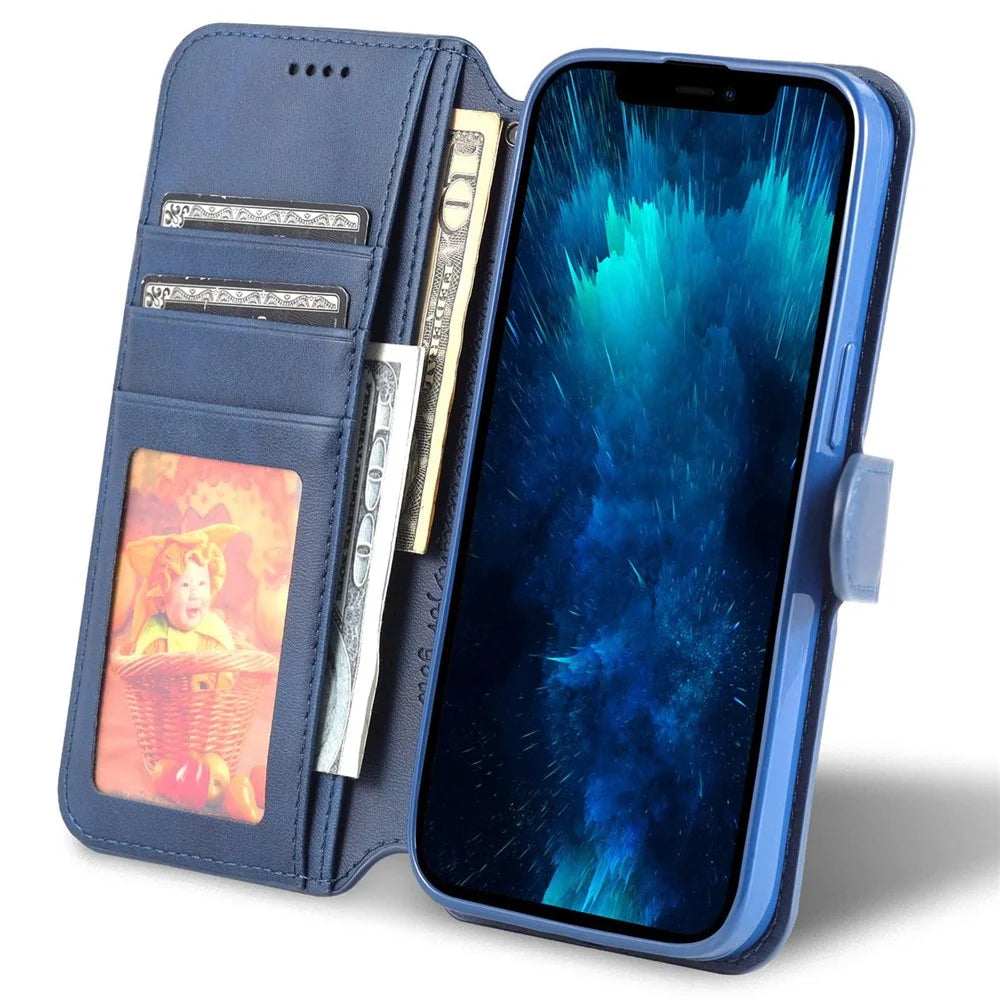AZNS PU Leather Case for iPhone 14 Pro 6.1 inch, Full Protection Stand Wallet Magnetic Flip Folio Phone Cover - Blue - 3