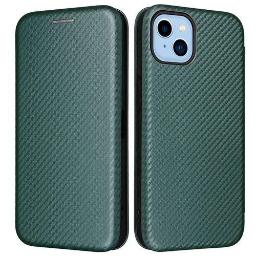 For iPhone 14 6.1 inch Carbon Fiber Texture Mobile Phone Case Magnetic Auto-absorbed PU Leather Stand Card Holder Function Phone Cover - Green - 1