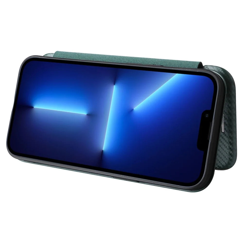 For iPhone 14 6.1 inch Carbon Fiber Texture Mobile Phone Case Magnetic Auto-absorbed PU Leather Stand Card Holder Function Phone Cover - Green - 3