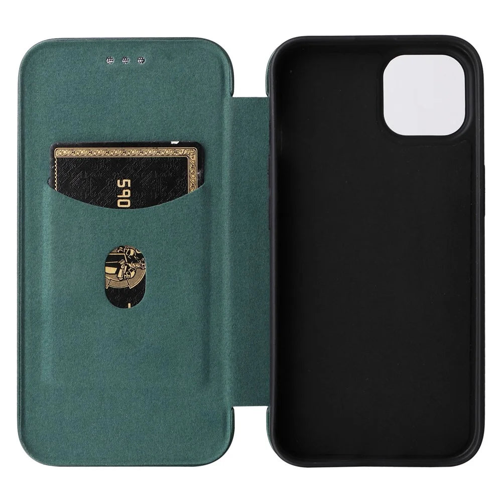 For iPhone 14 6.1 inch Carbon Fiber Texture Mobile Phone Case Magnetic Auto-absorbed PU Leather Stand Card Holder Function Phone Cover - Green - 5