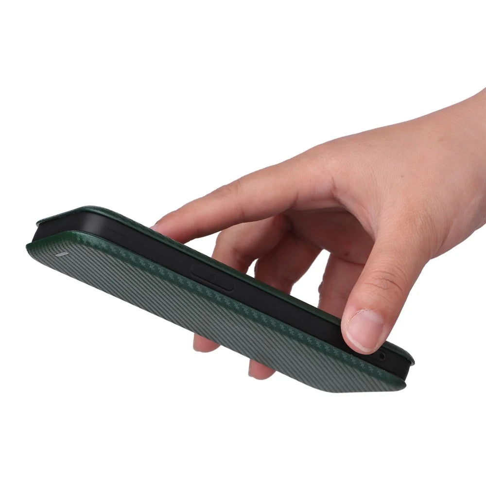 For iPhone 14 6.1 inch Carbon Fiber Texture Mobile Phone Case Magnetic Auto-absorbed PU Leather Stand Card Holder Function Phone Cover - Green - 6