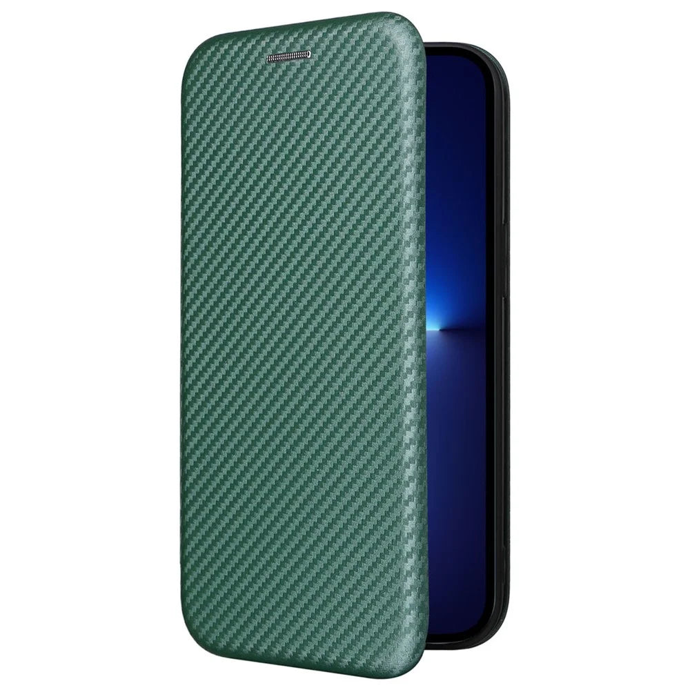 For iPhone 14 6.1 inch Carbon Fiber Texture Mobile Phone Case Magnetic Auto-absorbed PU Leather Stand Card Holder Function Phone Cover - Green - 7