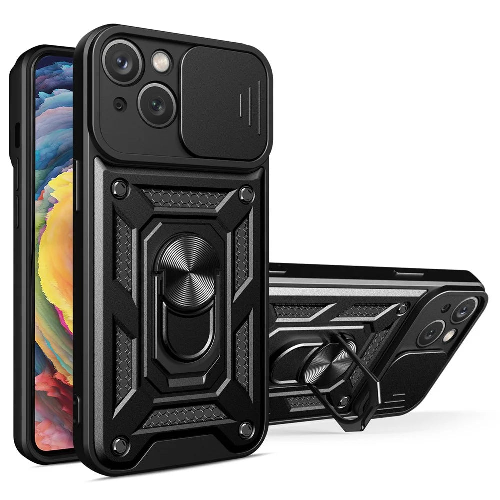 For iPhone 14 Plus 6.7 inch Anti-scratch Phone Cover Slide Camera Protection PC + TPU Ring Kickstand Cell Phone Case - Black - 1
