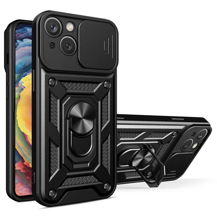 For iPhone 14 Plus 6.7 inch Anti-scratch Phone Cover Slide Camera Protection PC + TPU Ring Kickstand Cell Phone Case - Black - 1