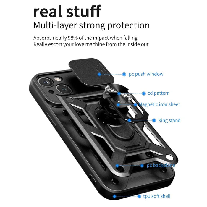 For iPhone 14 Plus 6.7 inch Anti-scratch Phone Cover Slide Camera Protection PC + TPU Ring Kickstand Cell Phone Case - Black - 2