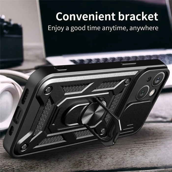 For iPhone 14 Plus 6.7 inch Anti-scratch Phone Cover Slide Camera Protection PC + TPU Ring Kickstand Cell Phone Case - Black - 3