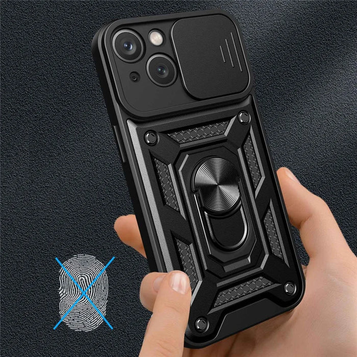 For iPhone 14 Plus 6.7 inch Anti-scratch Phone Cover Slide Camera Protection PC + TPU Ring Kickstand Cell Phone Case - Black - 4