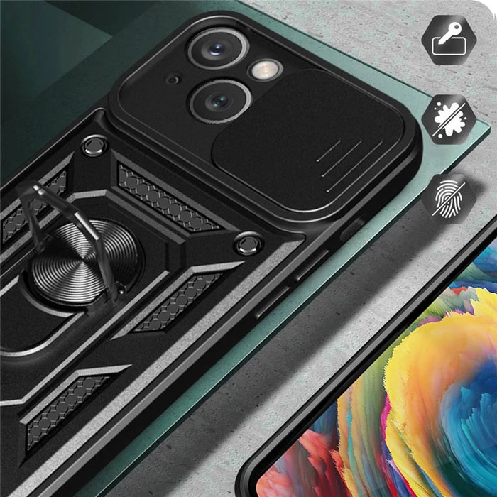For iPhone 14 Plus 6.7 inch Anti-scratch Phone Cover Slide Camera Protection PC + TPU Ring Kickstand Cell Phone Case - Black - 5