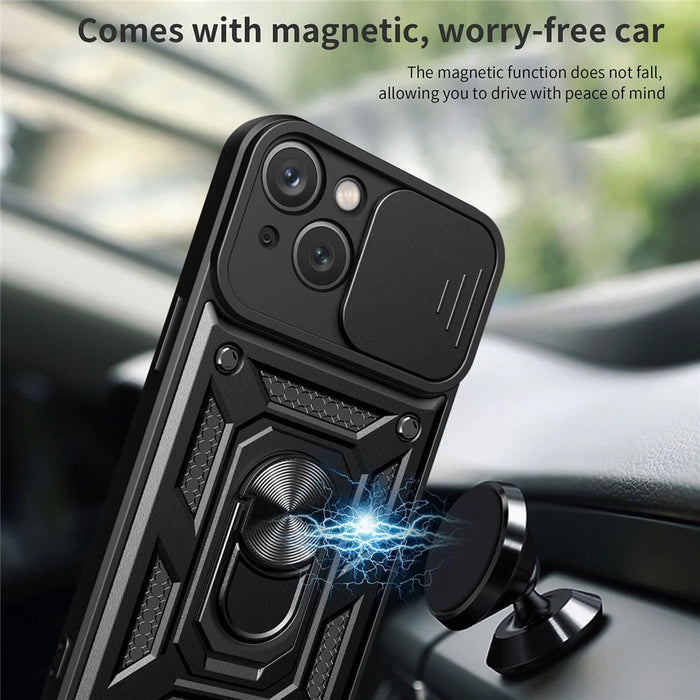 For iPhone 14 Plus 6.7 inch Anti-scratch Phone Cover Slide Camera Protection PC + TPU Ring Kickstand Cell Phone Case - Black - 6