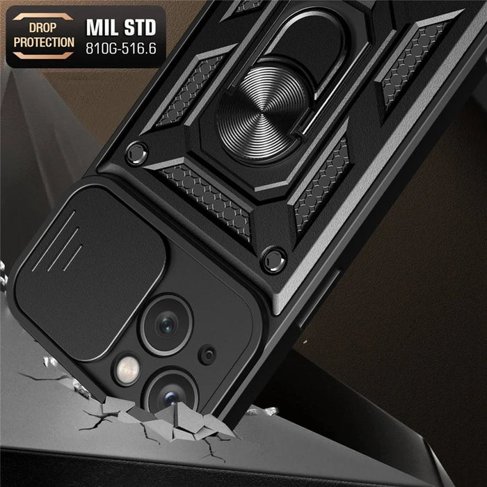 For iPhone 14 Plus 6.7 inch Anti-scratch Phone Cover Slide Camera Protection PC + TPU Ring Kickstand Cell Phone Case - Black - 7