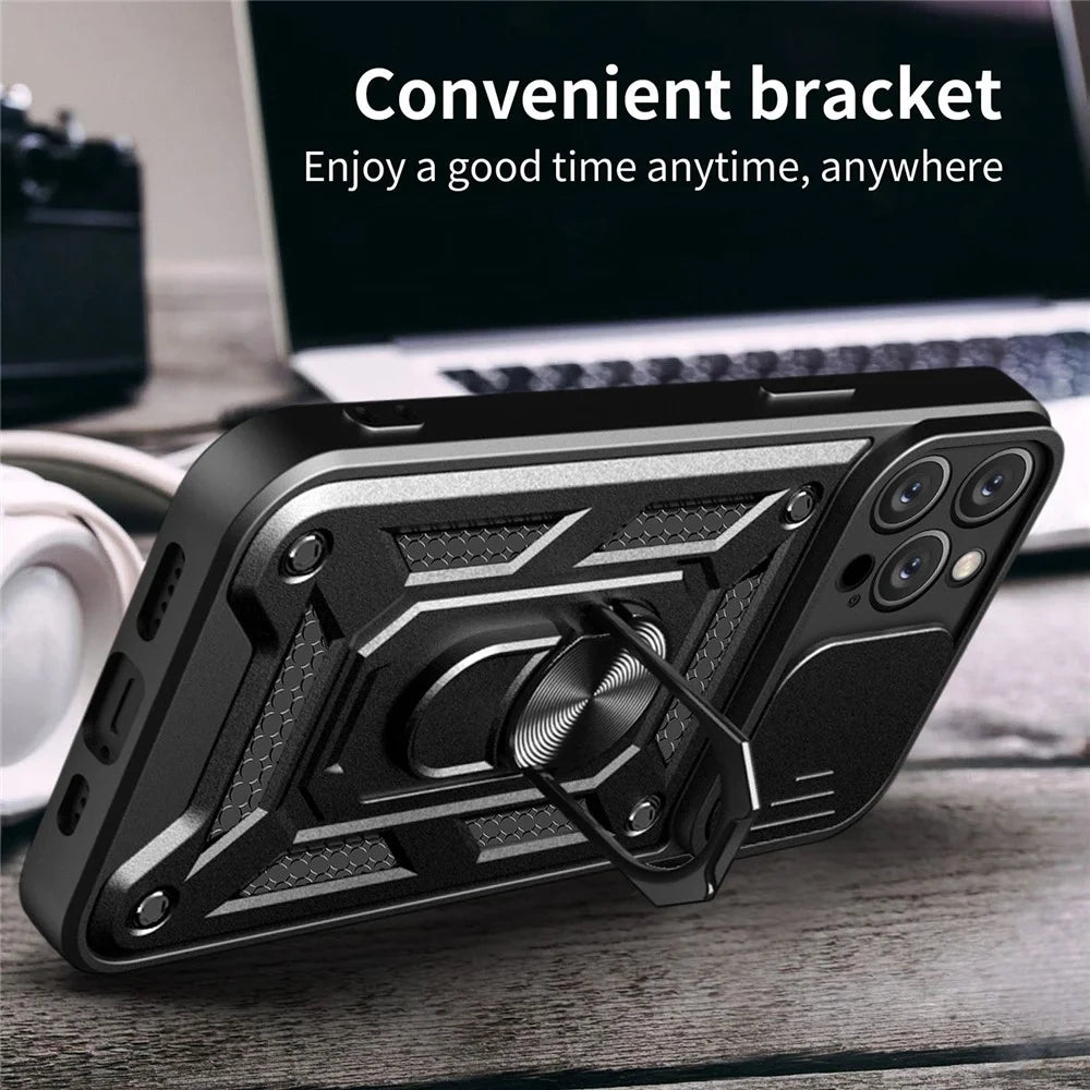 Anti-fingerprint Phone Shell for iPhone 14 Pro 6.1 inch, Kickstand Slide Camera Protection PC + TPU Anti-scratch Phone Cover Case - Black - 3