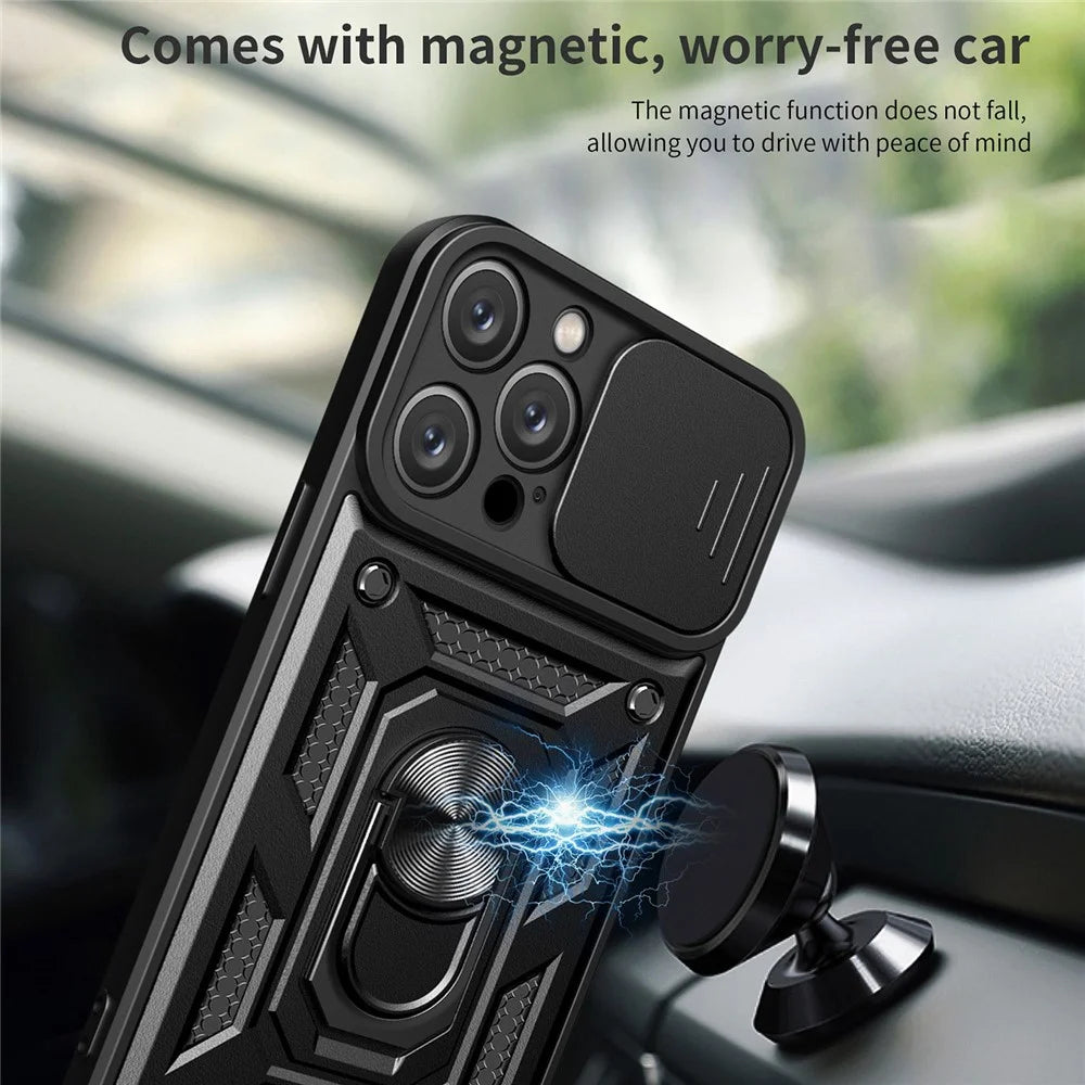 Anti-fingerprint Phone Shell for iPhone 14 Pro 6.1 inch, Kickstand Slide Camera Protection PC + TPU Anti-scratch Phone Cover Case - Black - 6