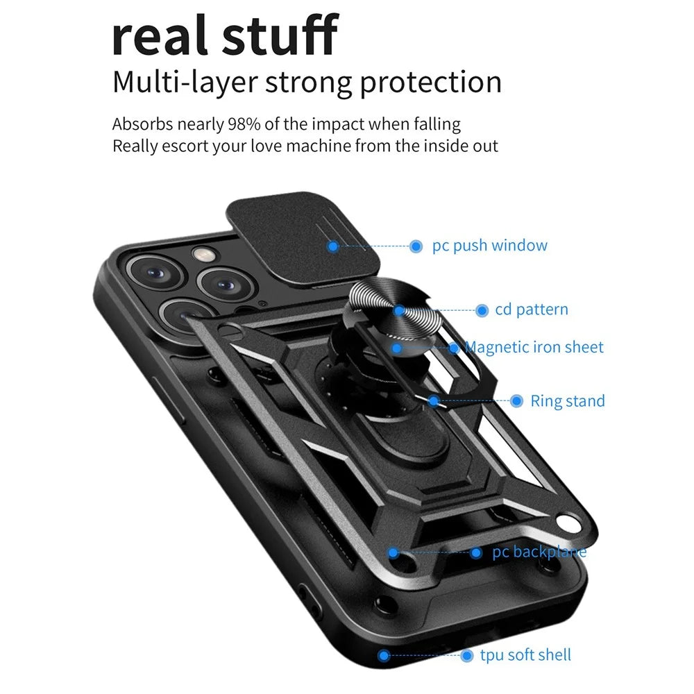 For iPhone 14 Pro Max 6.7 inch Anti-fingerprint Phone Shell Slide Camera Protection PC + TPU Ring Kickstand Anti-scratch Phone Cover Case - Black - 2