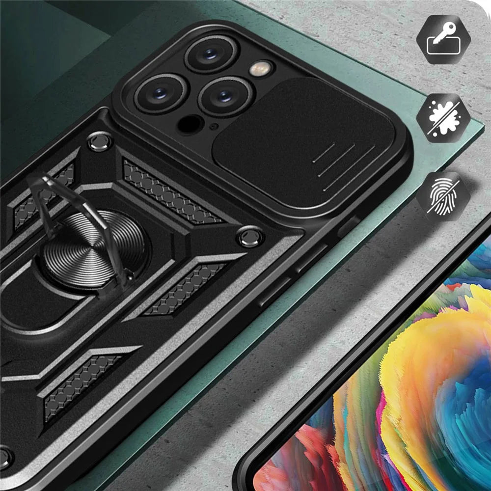 For iPhone 14 Pro Max 6.7 inch Anti-fingerprint Phone Shell Slide Camera Protection PC + TPU Ring Kickstand Anti-scratch Phone Cover Case - Black - 5