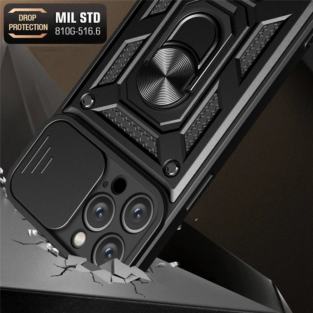For iPhone 14 Pro Max 6.7 inch Anti-fingerprint Phone Shell Slide Camera Protection PC + TPU Ring Kickstand Anti-scratch Phone Cover Case - Black - 7