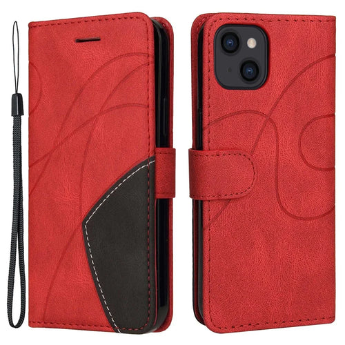 For iPhone 14 Leather Case Wallet Stand Color Splicing Phone Cover - Red - 1