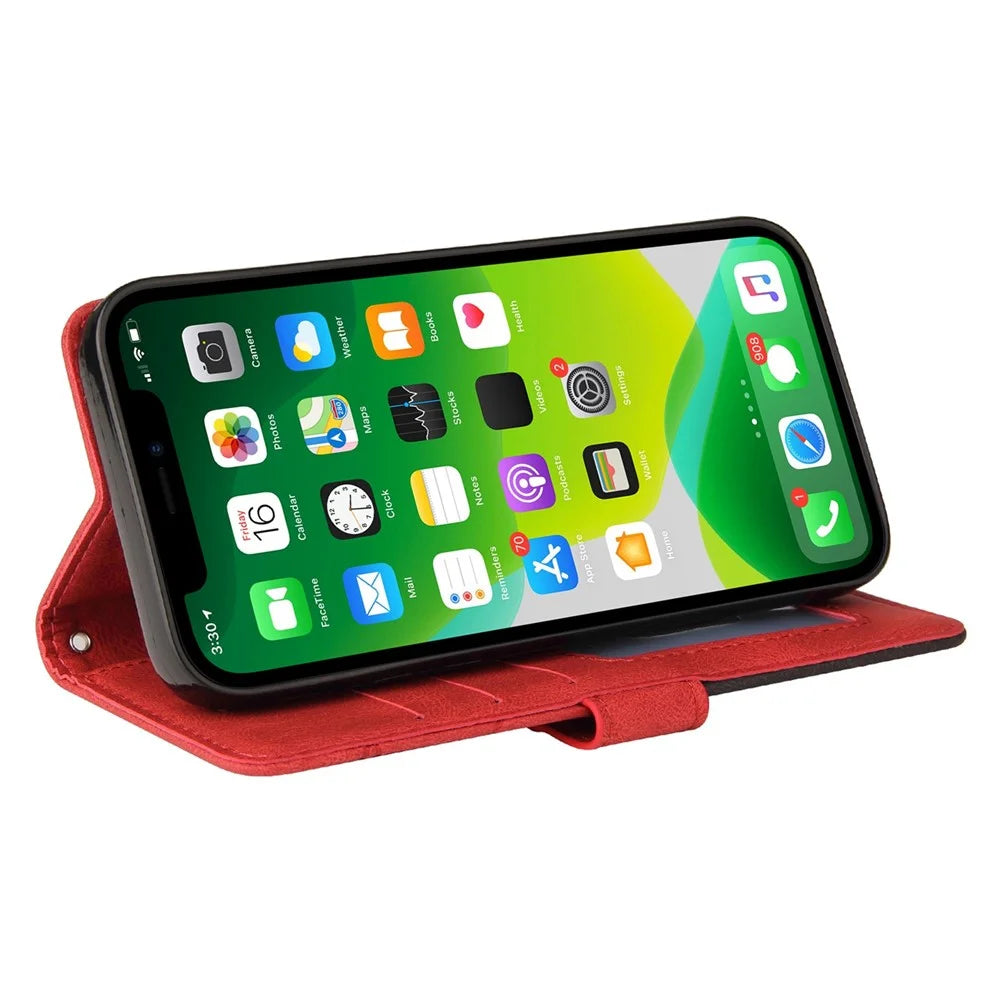 For iPhone 14 Leather Case Wallet Stand Color Splicing Phone Cover - Red - 3