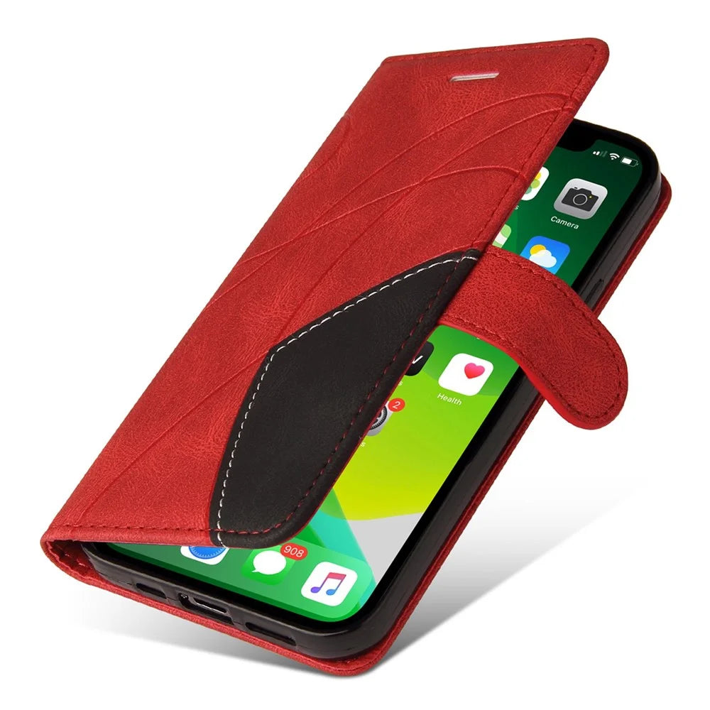 For iPhone 14 Leather Case Wallet Stand Color Splicing Phone Cover - Red - 5