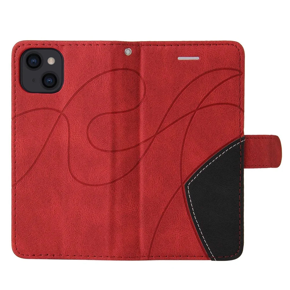 For iPhone 14 Leather Case Wallet Stand Color Splicing Phone Cover - Red - 6