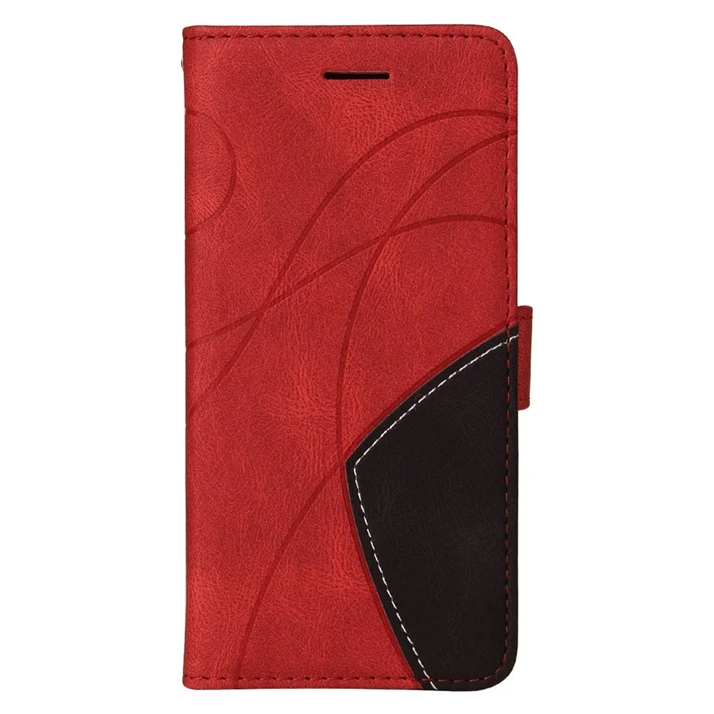 For iPhone 14 Leather Case Wallet Stand Color Splicing Phone Cover - Red - 7