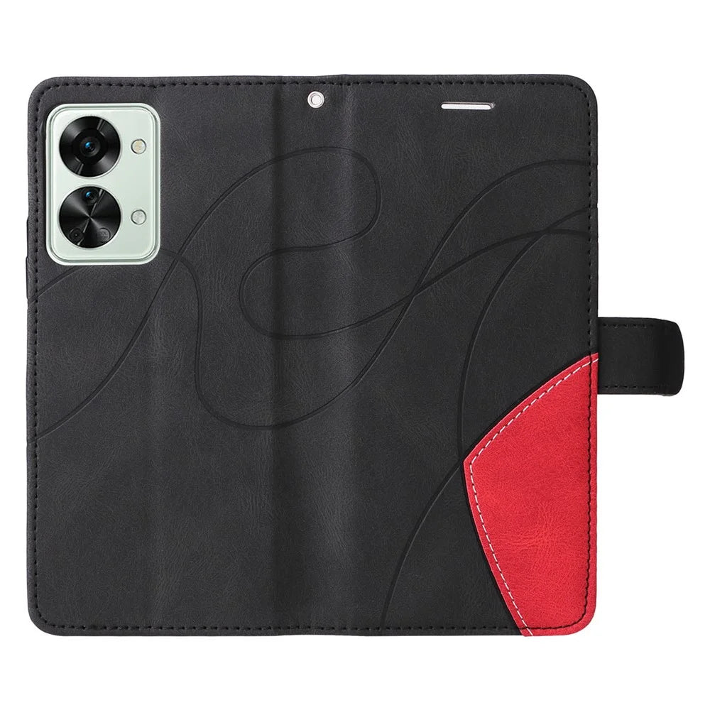 For OnePlus Nord 2T 5G Leather Case Wallet Stand Color Splicing Phone Cover - Black - 6
