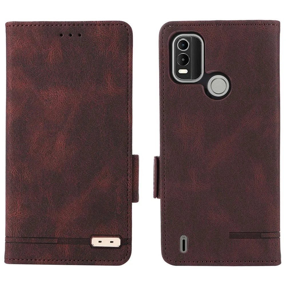 For Nokia C21 Plus Drop Resistant Hardware Design PU Leather Wallet Stand Case Book Style Phone Cover - Coffee - 1
